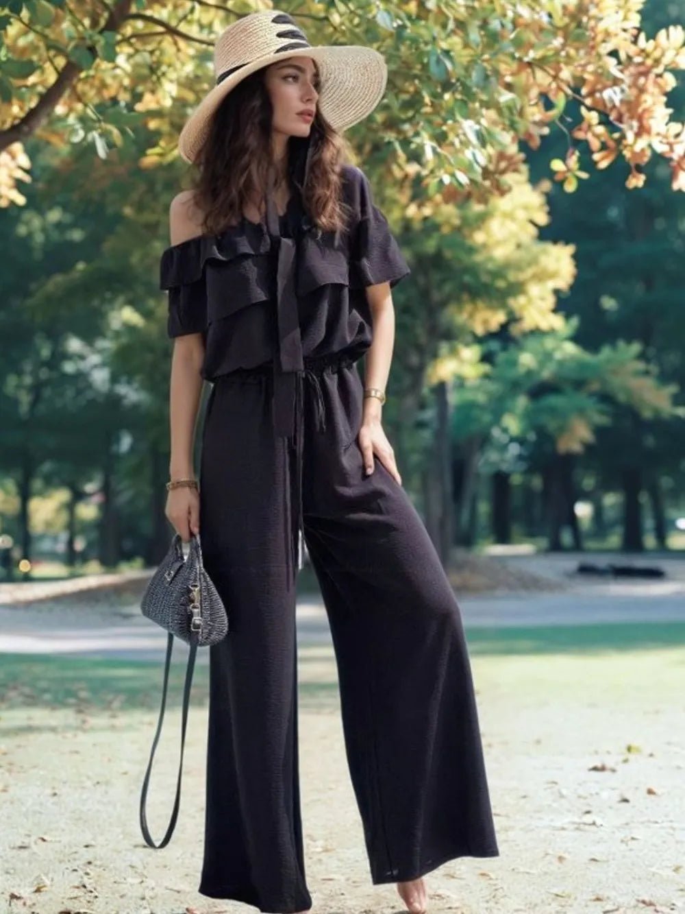Ruffled Off Shoulder Wide Leg Jumpsuit - Style Chic Couture