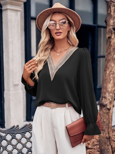 Ruffled V - Neck Flounce Sleeve Blouse - Style Chic Couture