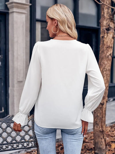 Ruffled V - Neck Flounce Sleeve Blouse - Style Chic Couture