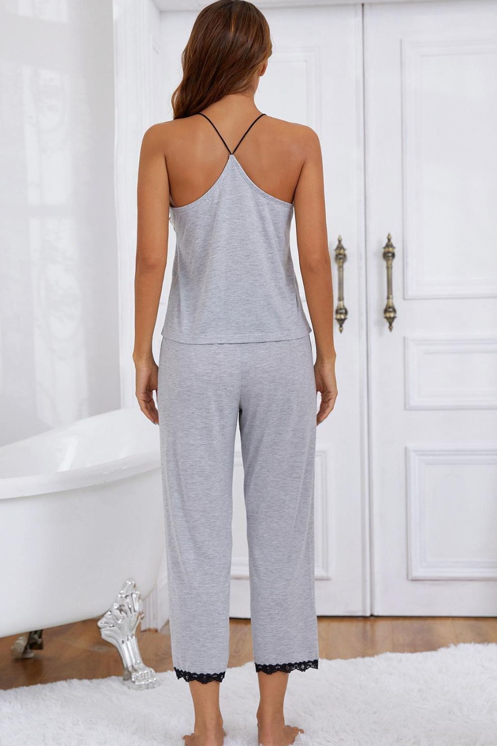 Sexy Lace Trim Pajama Set with Halter Neck Cami