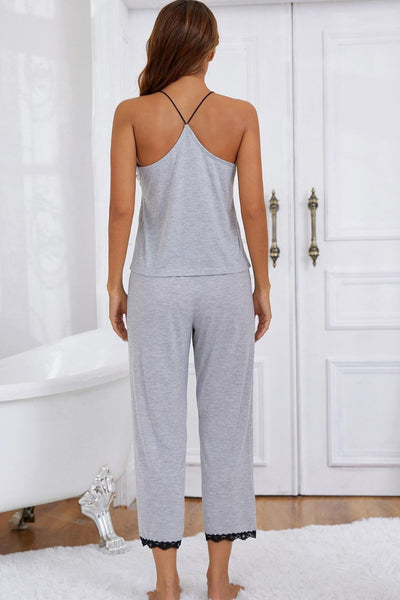 Sexy Lace Trim Pajama Set with Halter Neck Cami