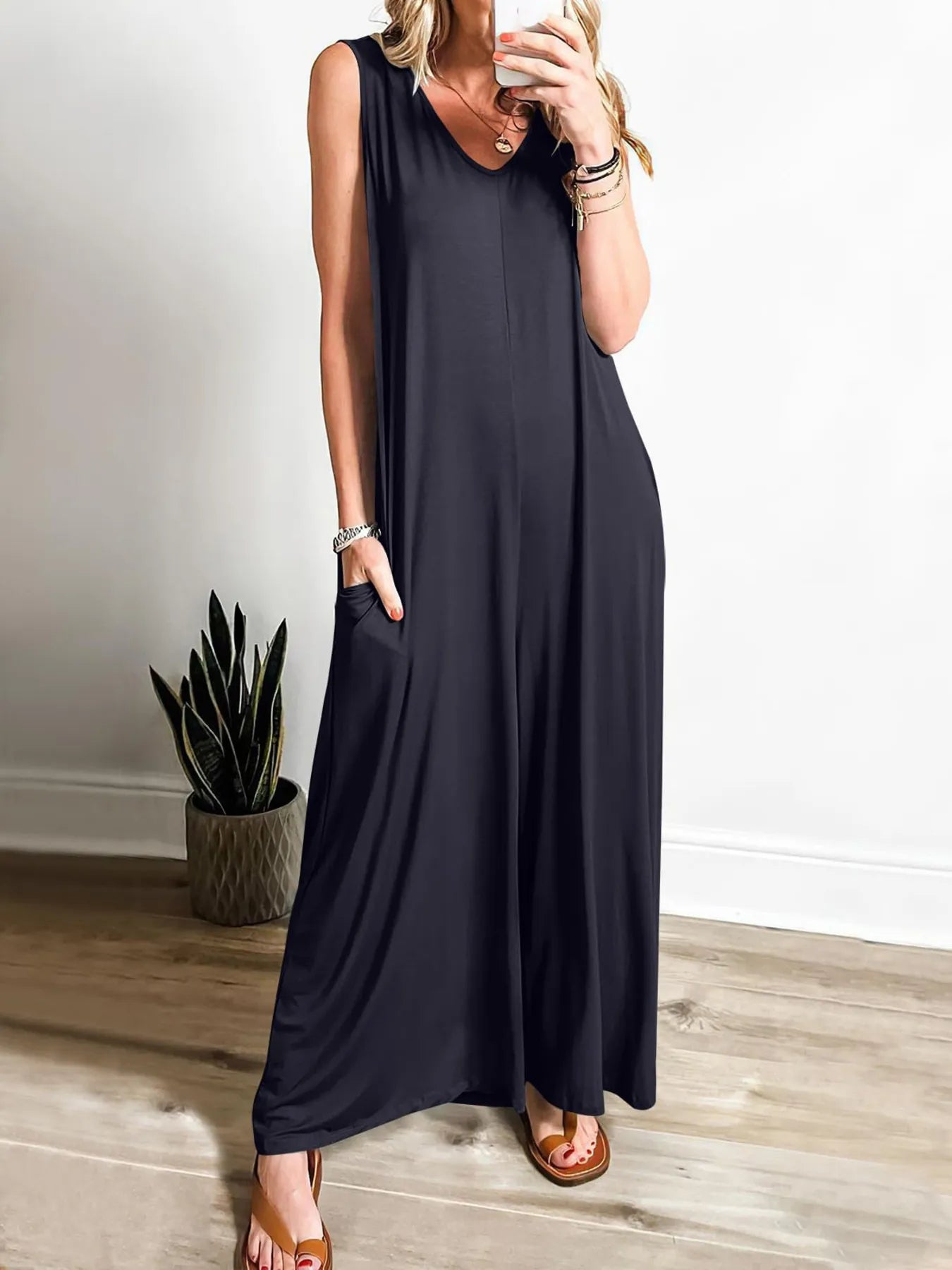 Sleeveless V - Neck Jumpsuit with Pockets - Style Chic Couture