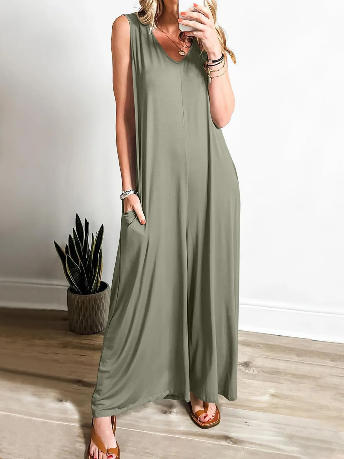Sleeveless V - Neck Jumpsuit with Pockets - Style Chic Couture