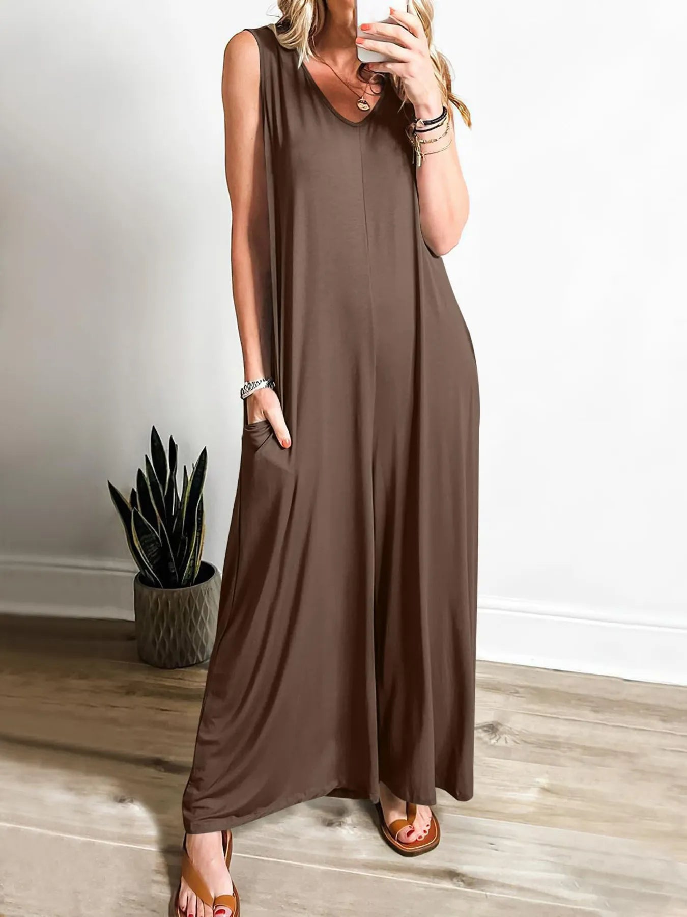 Sleeveless V - Neck Jumpsuit with Pockets - Style Chic Couture