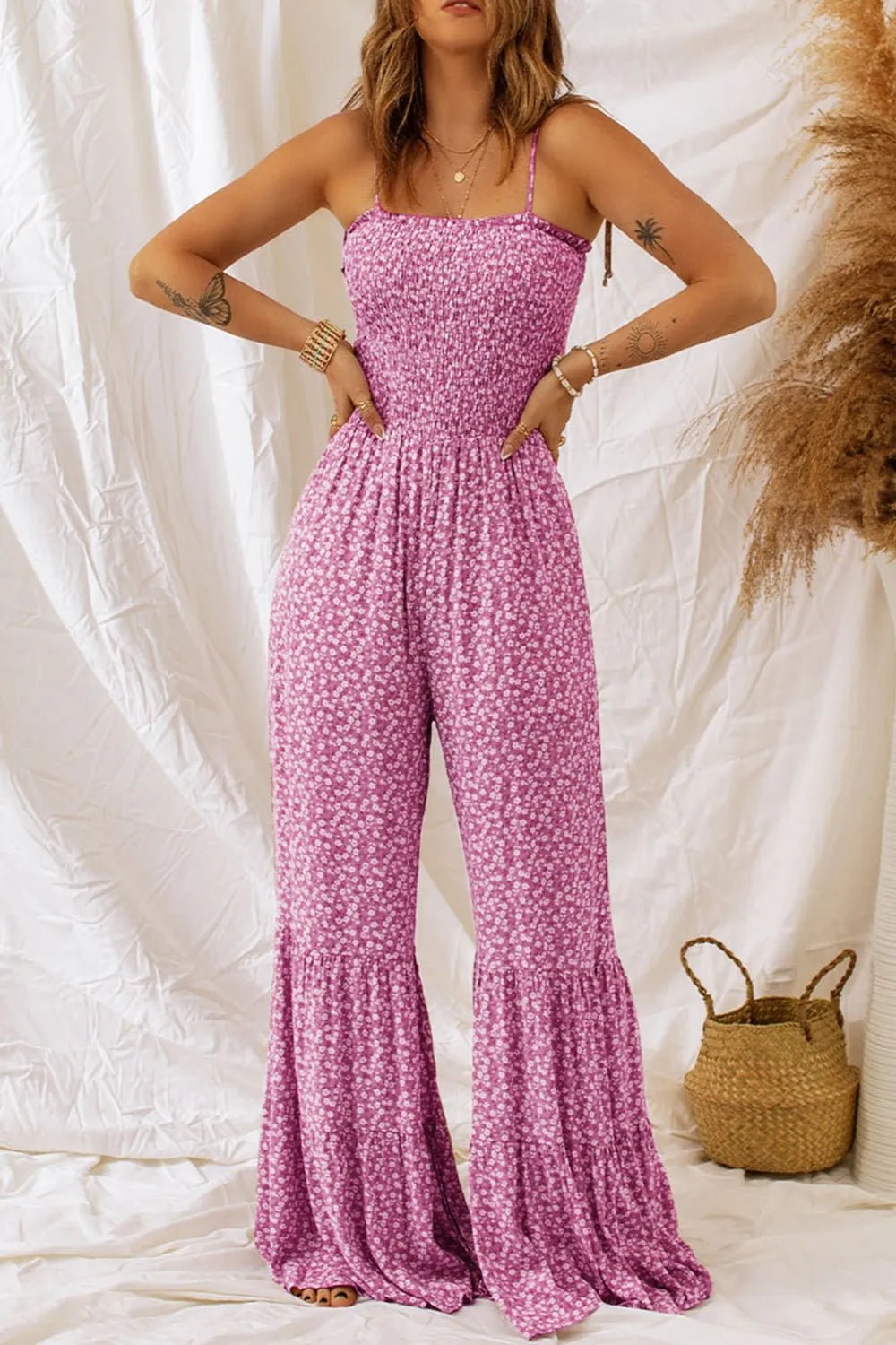 Smocked Printed Wide Strap Jumpsuit - Style Chic Couture