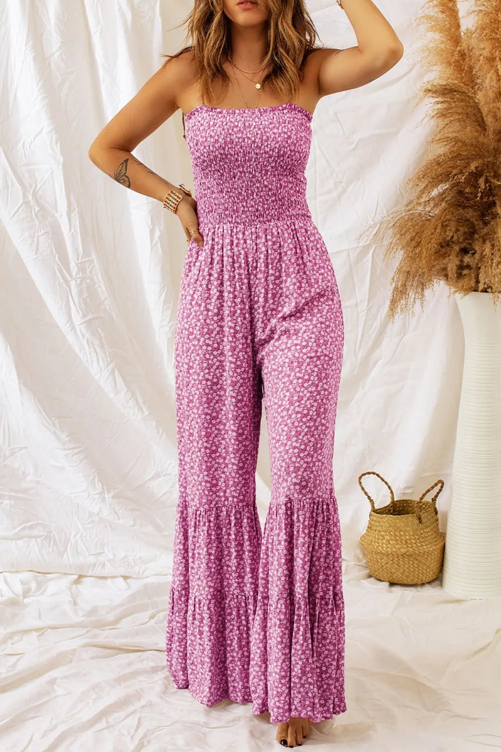 Smocked Printed Wide Strap Jumpsuit - Style Chic Couture