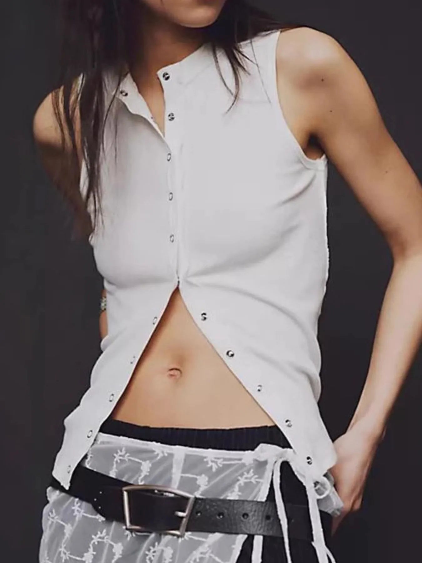 Snap Down Round Neck Ribbed Slim Tank Vest - Style Chic Couture