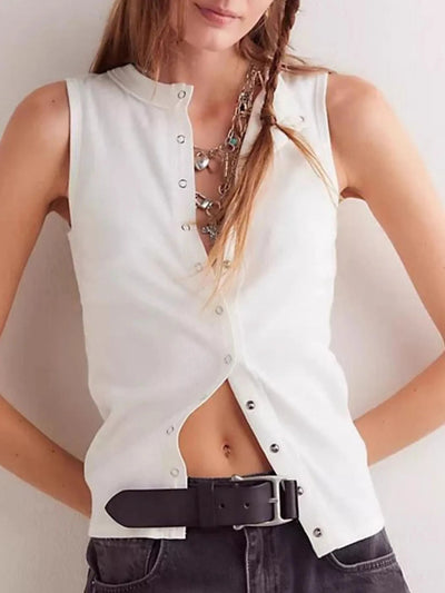 Snap Down Round Neck Ribbed Slim Tank Vest - Style Chic Couture