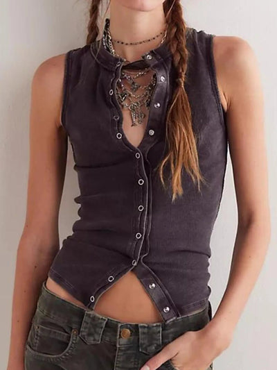 Snap Down Round Neck Ribbed Slim Tank Vest - Style Chic Couture