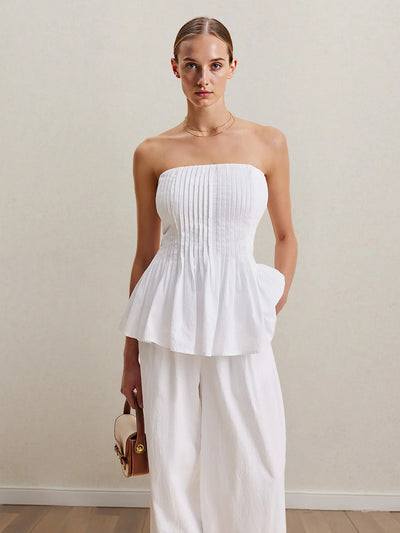 Strapless Peplum Top and Wide Leg Pants Set - Style Chic Couture