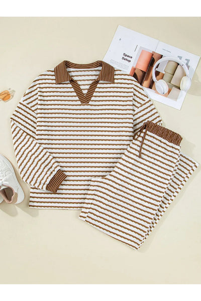 Stripe Collared Top and Drawstring Pant Set - Style Chic Couture