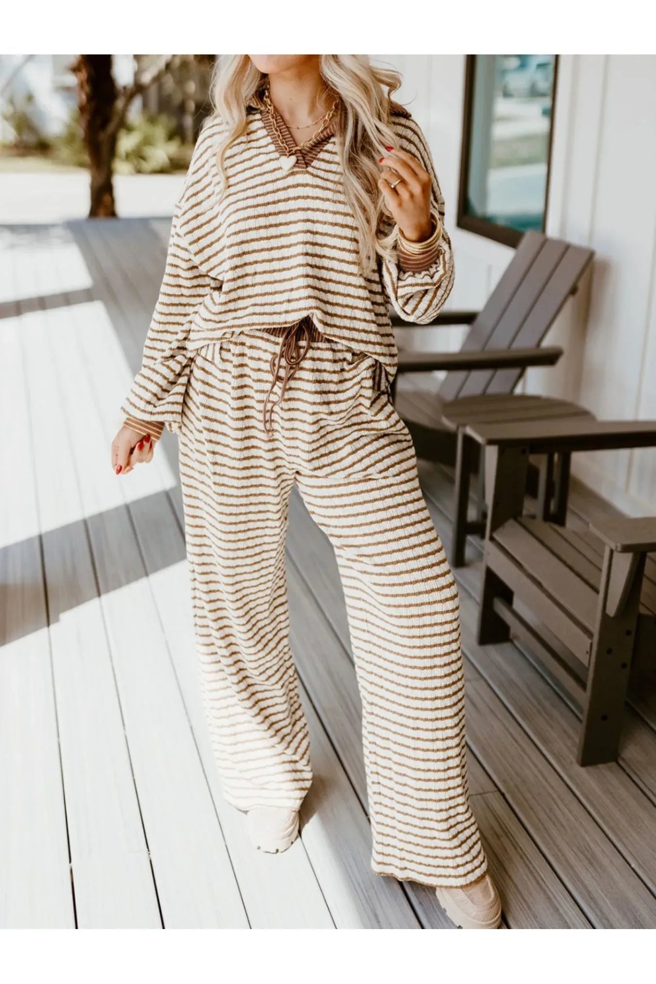 Stripe Collared Top and Drawstring Pant Set - Style Chic Couture
