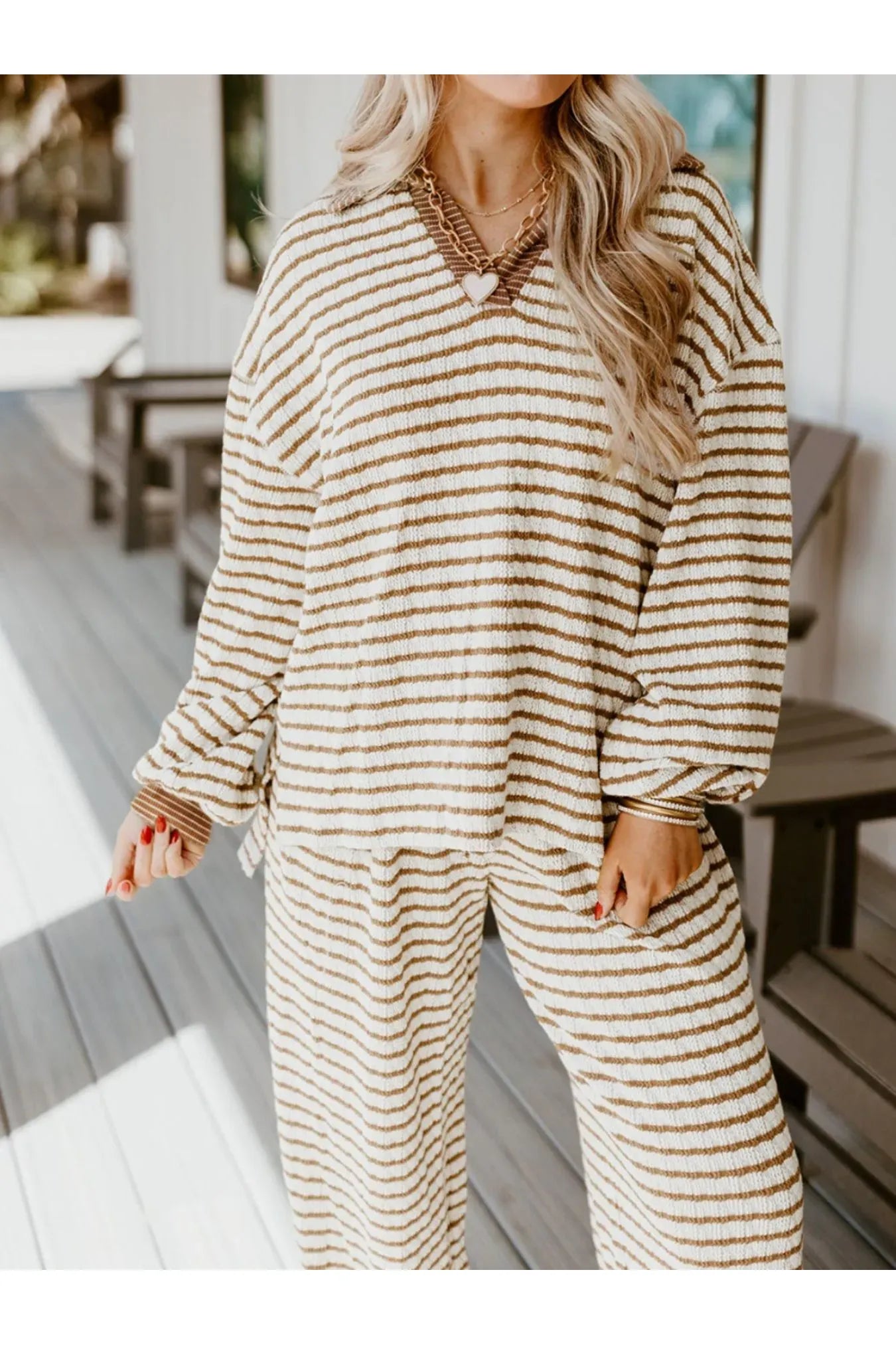 Stripe Collared Top and Drawstring Pant Set - Style Chic Couture