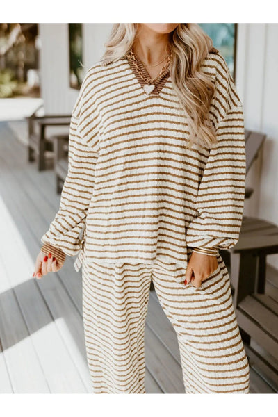 Stripe Collared Top and Drawstring Pant Set - Style Chic Couture