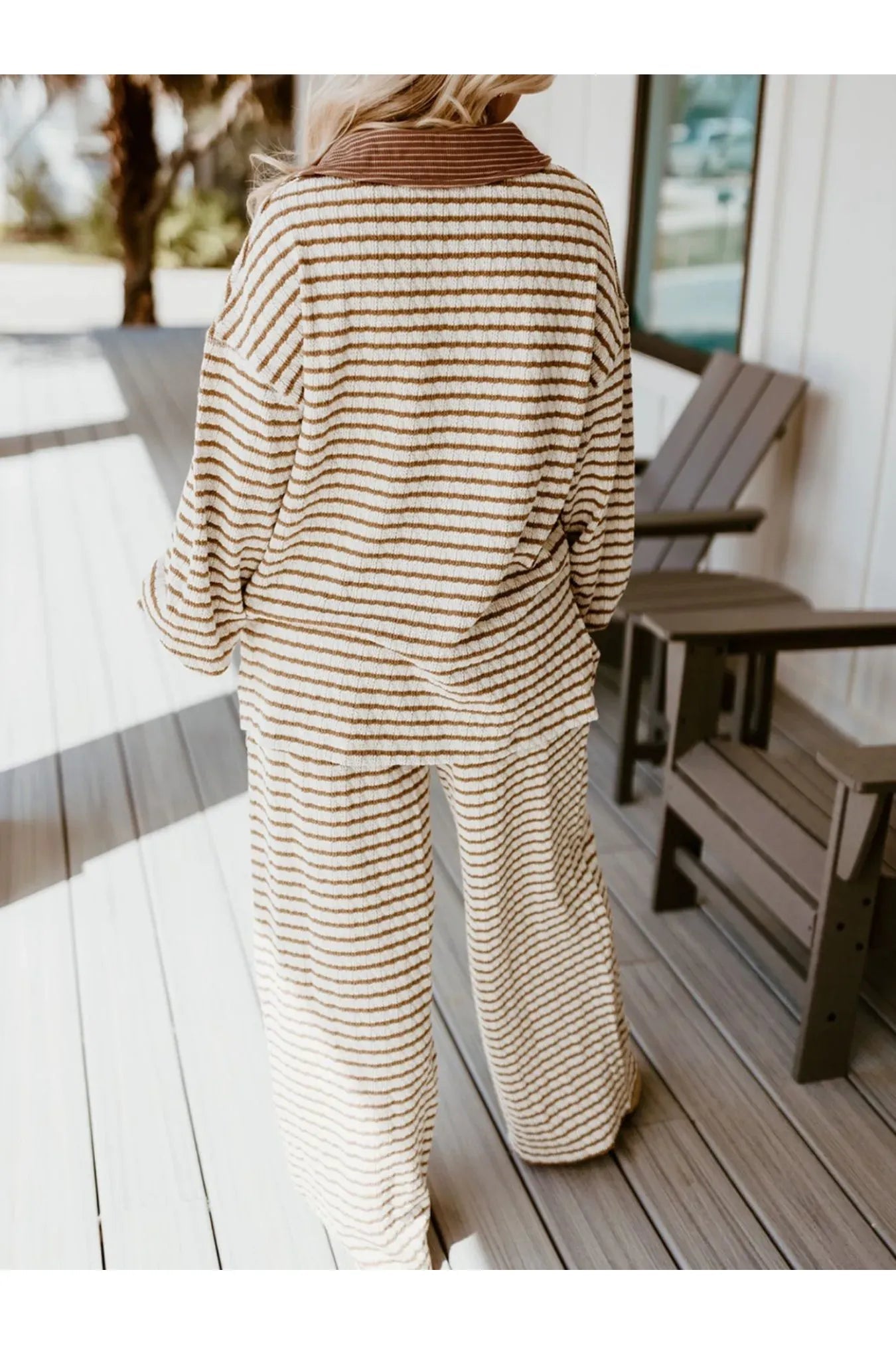 Stripe Collared Top and Drawstring Pant Set - Style Chic Couture