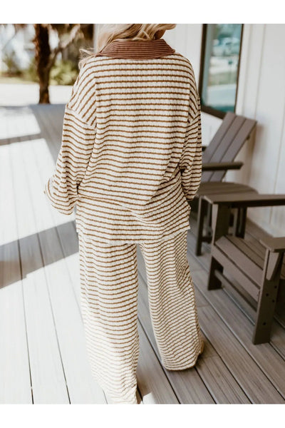 Stripe Collared Top and Drawstring Pant Set - Style Chic Couture