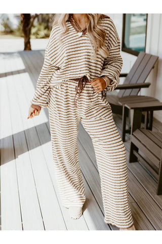 Stripe Collared Top and Drawstring Pant Set