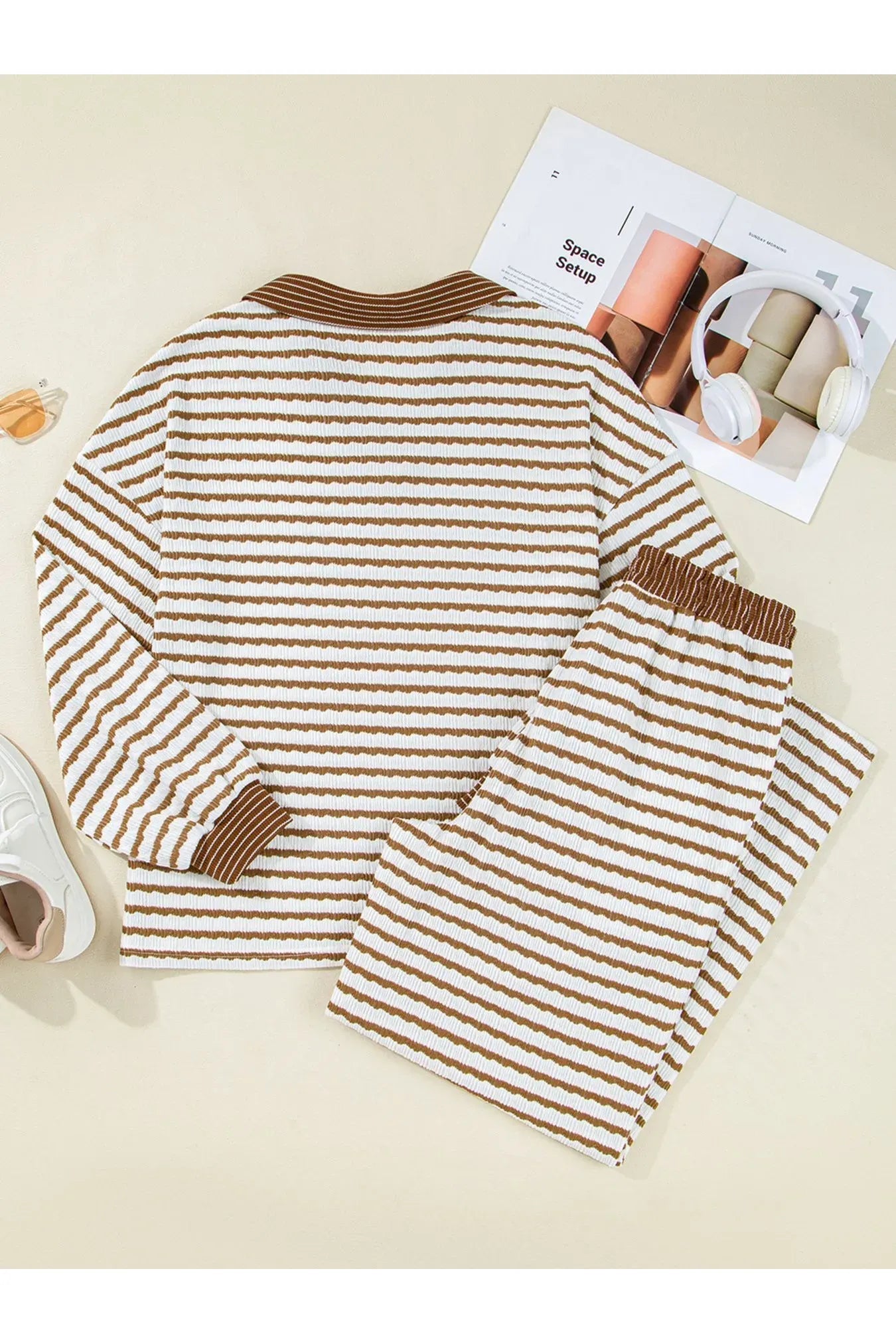 Stripe Collared Top and Drawstring Pant Set - Style Chic Couture