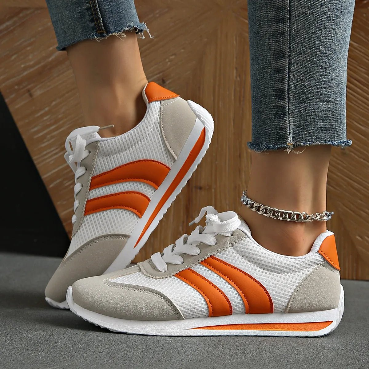Striped Contrast Mesh Lace Up Sneakers - Style Chic Couture