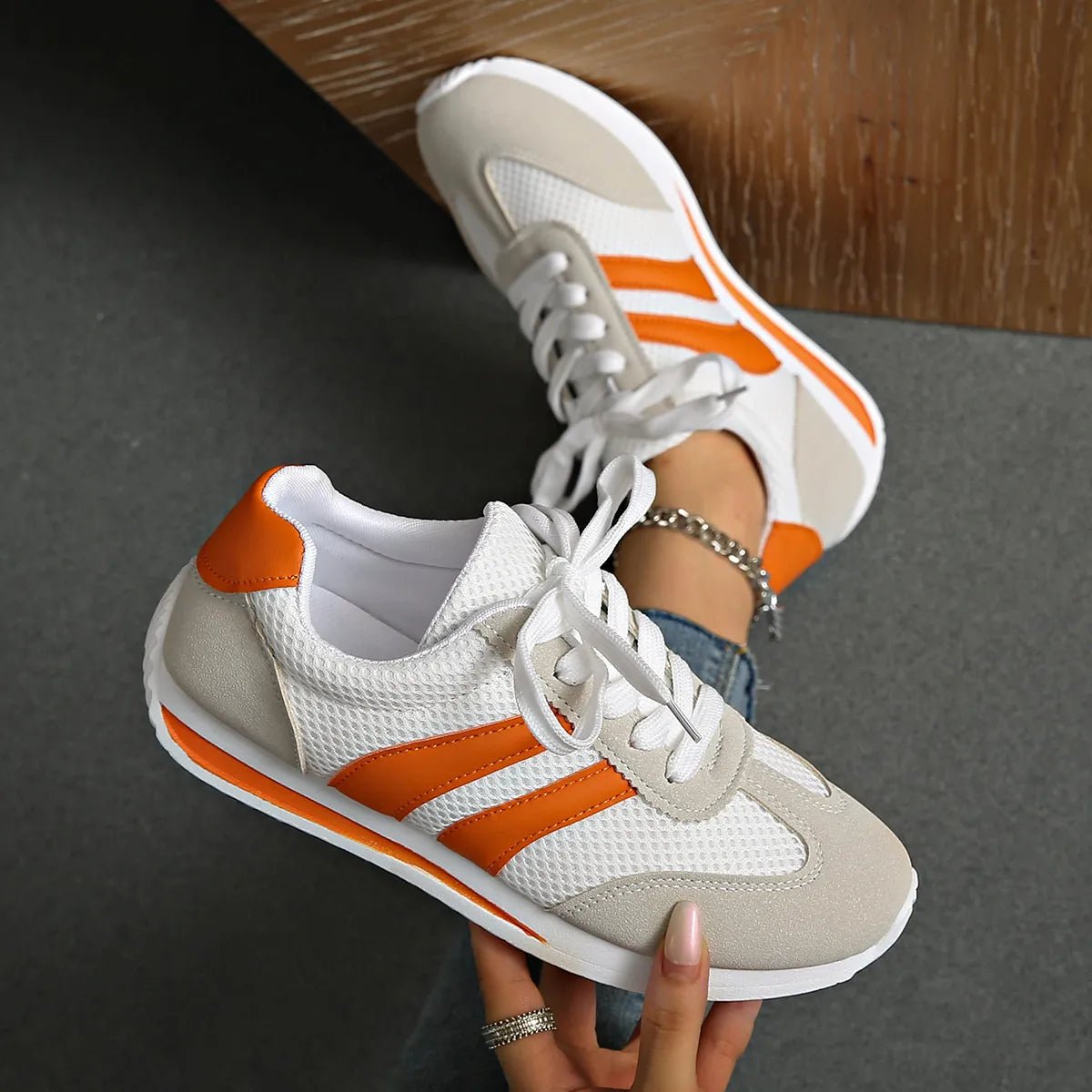 Striped Contrast Mesh Lace Up Sneakers - Style Chic Couture