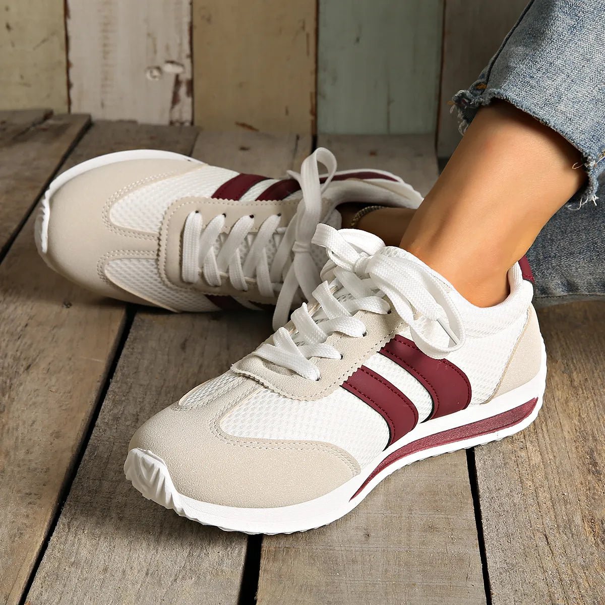 Striped Contrast Mesh Lace Up Sneakers - Style Chic Couture
