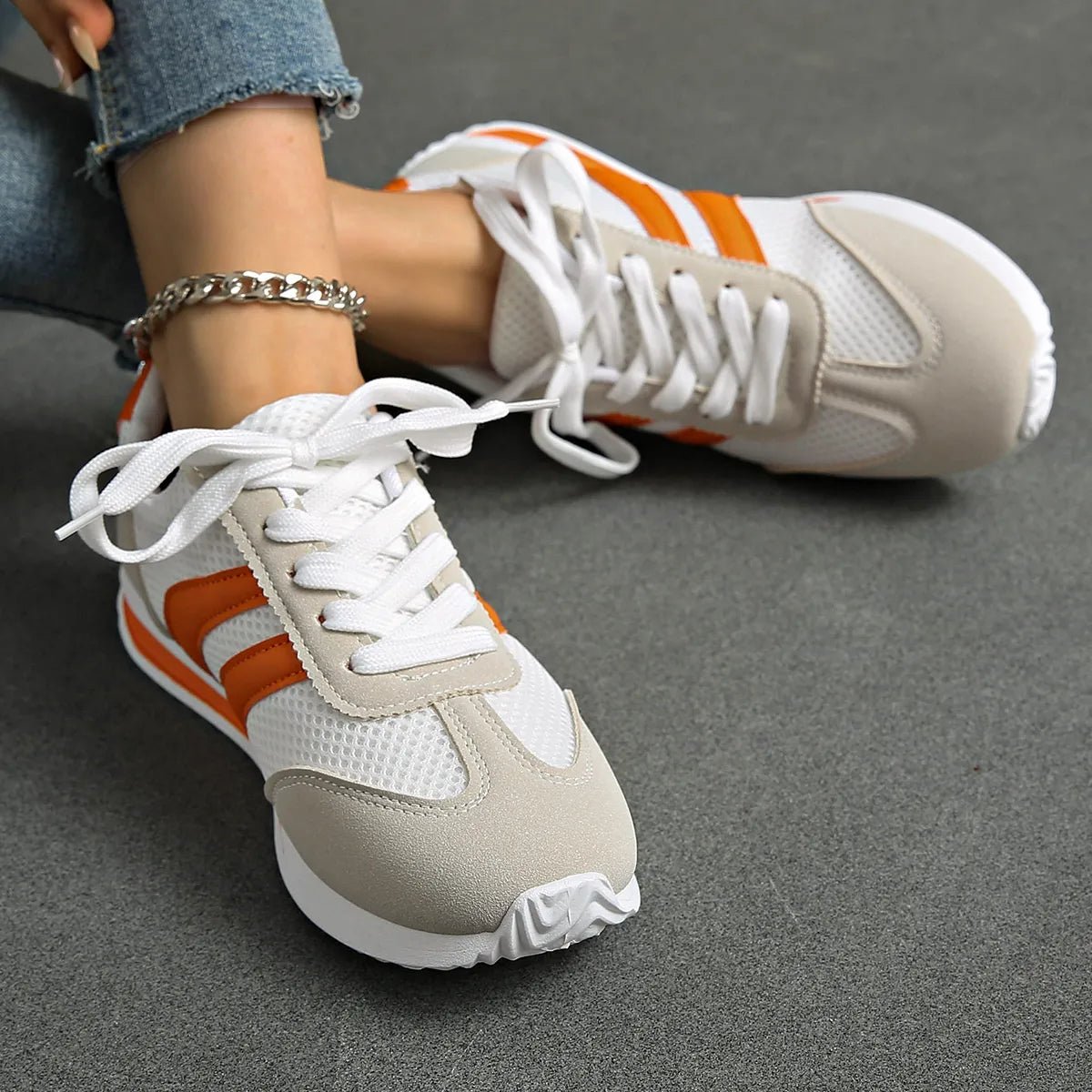 Striped Contrast Mesh Lace Up Sneakers - Style Chic Couture