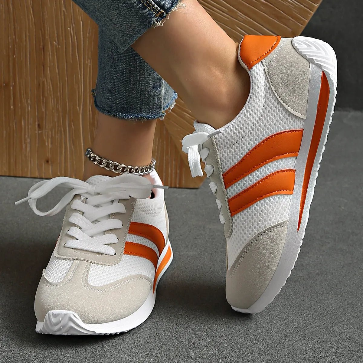 Striped Contrast Mesh Lace Up Sneakers - Style Chic Couture