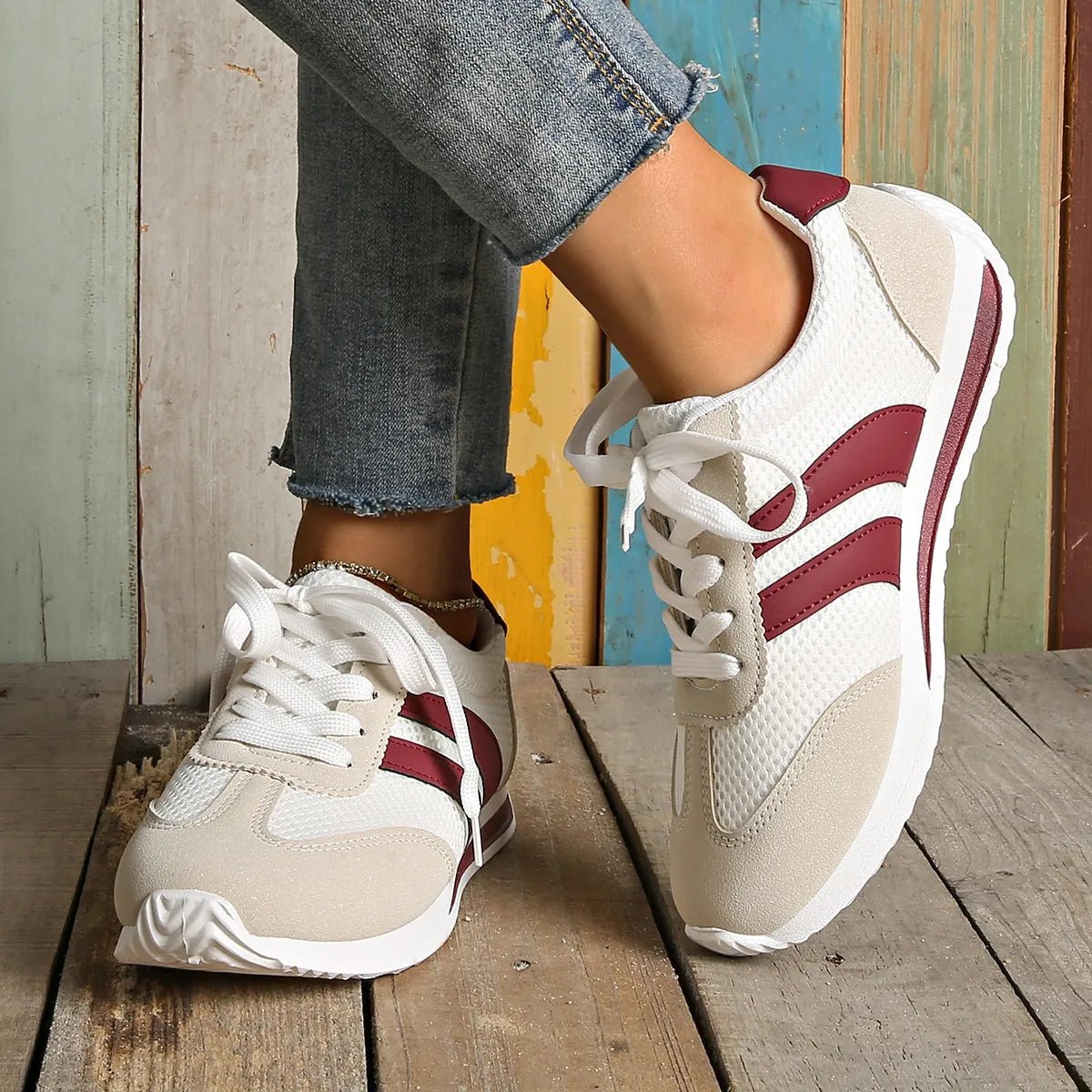 Striped Contrast Mesh Lace Up Sneakers - Style Chic Couture