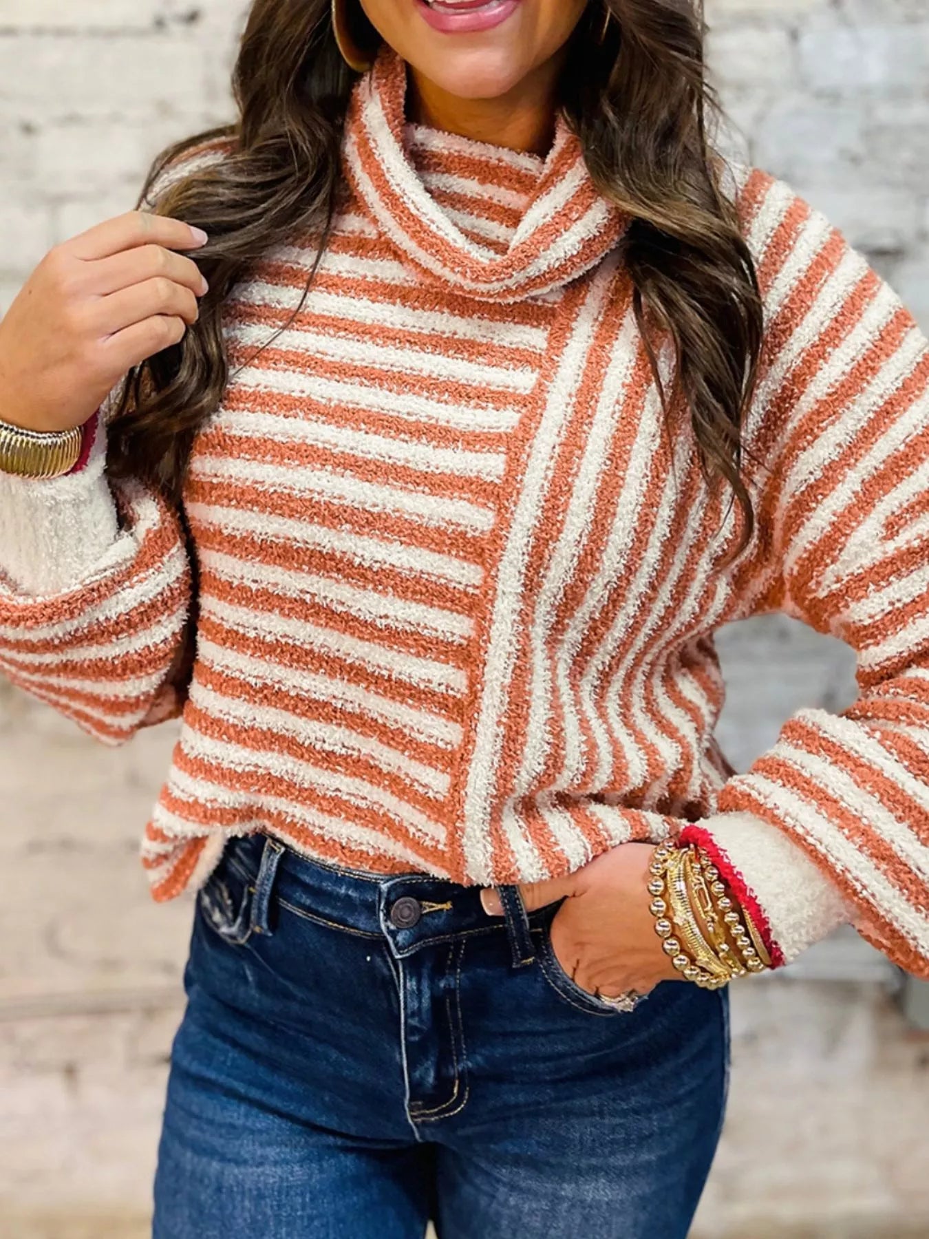 Striped Cowl Neck Long Sleeve Sweater - Style Chic Couture