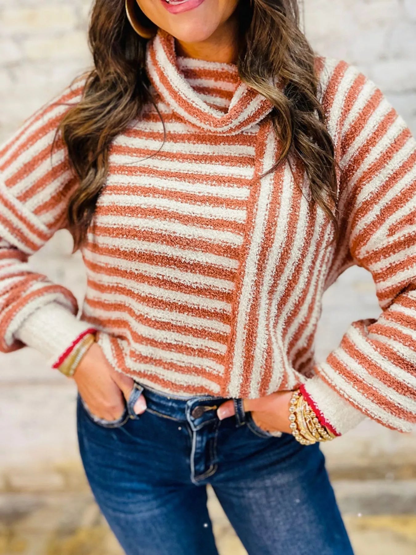 Striped Cowl Neck Long Sleeve Sweater - Style Chic Couture