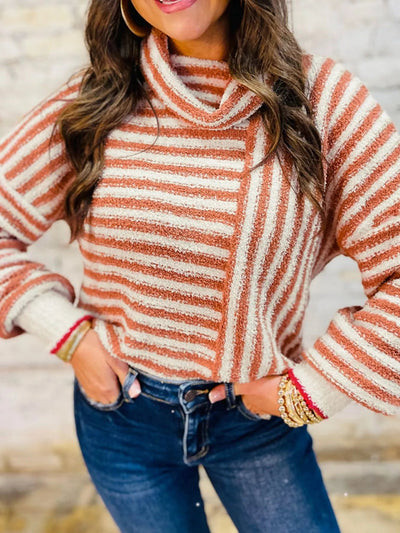 Striped Cowl Neck Long Sleeve Sweater - Style Chic Couture