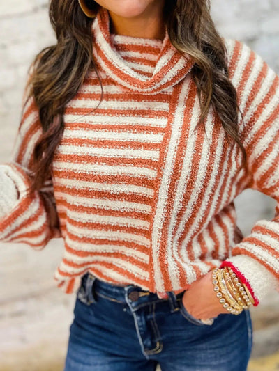 Striped Cowl Neck Long Sleeve Sweater - Style Chic Couture