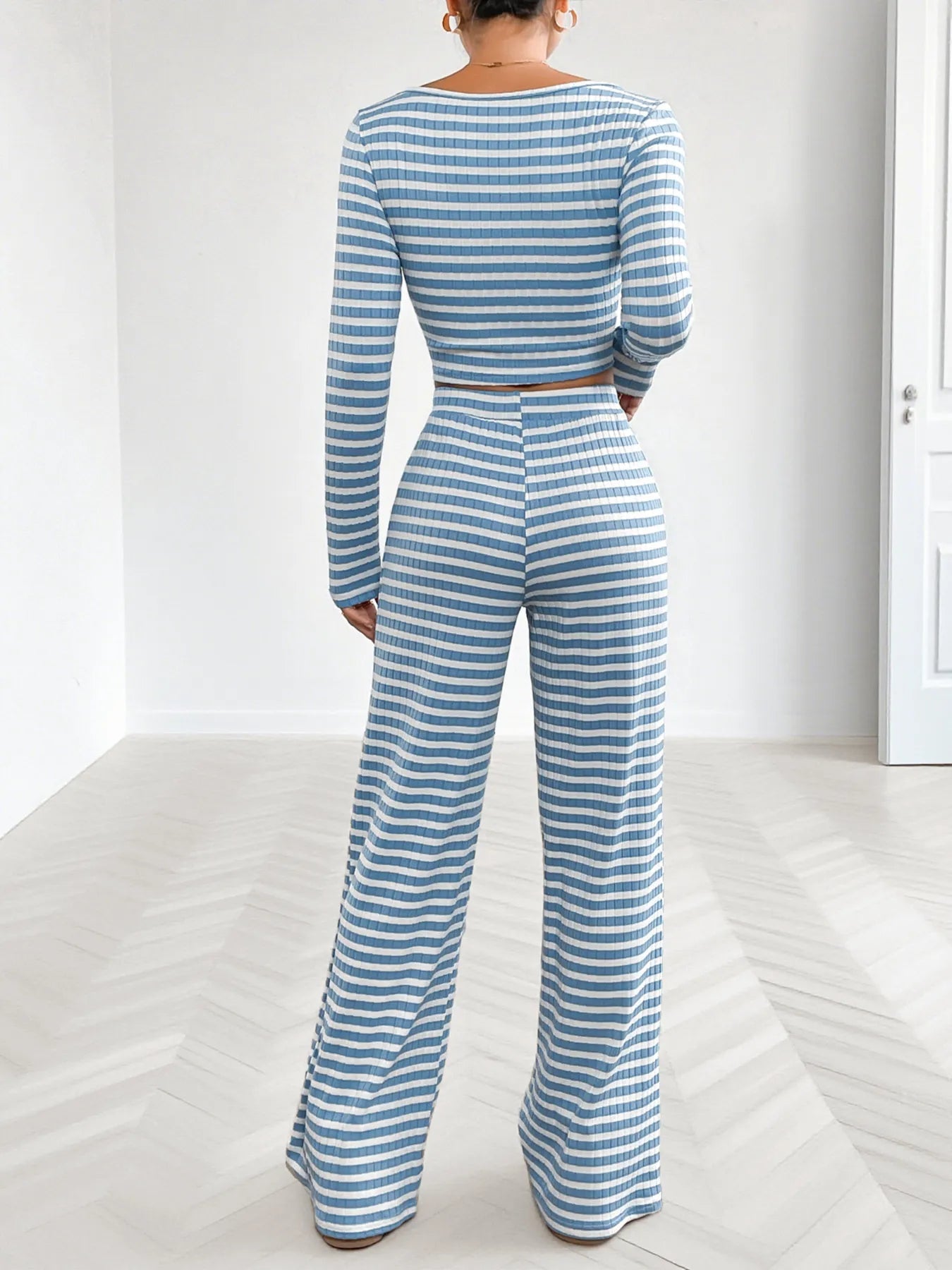 Cozy Striped Lounge Set with Square Neck & Long Sleeve
