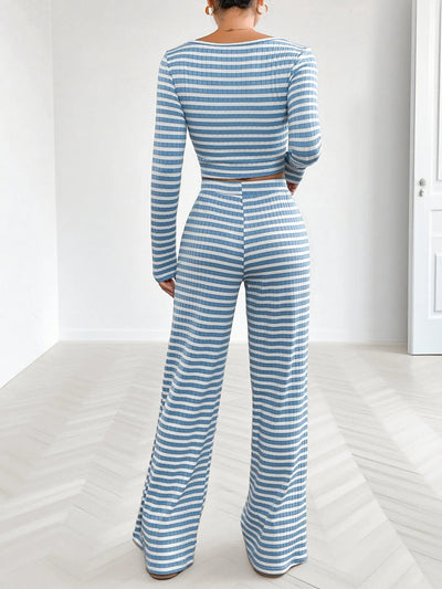 Cozy Striped Lounge Set with Square Neck & Long Sleeve