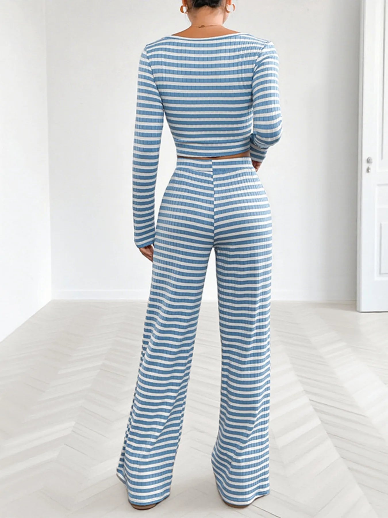 Cozy Striped Lounge Set with Square Neck & Long Sleeve