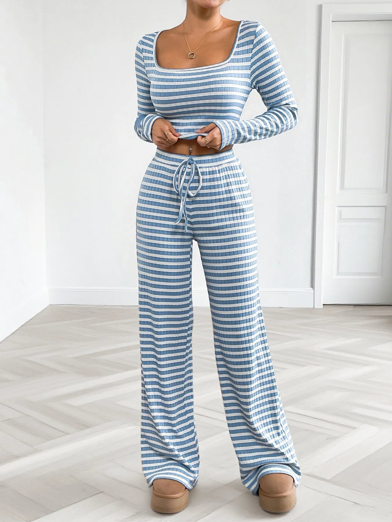 Cozy Striped Lounge Set with Square Neck & Long Sleeve