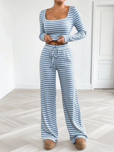 Cozy Striped Lounge Set with Square Neck & Long Sleeve