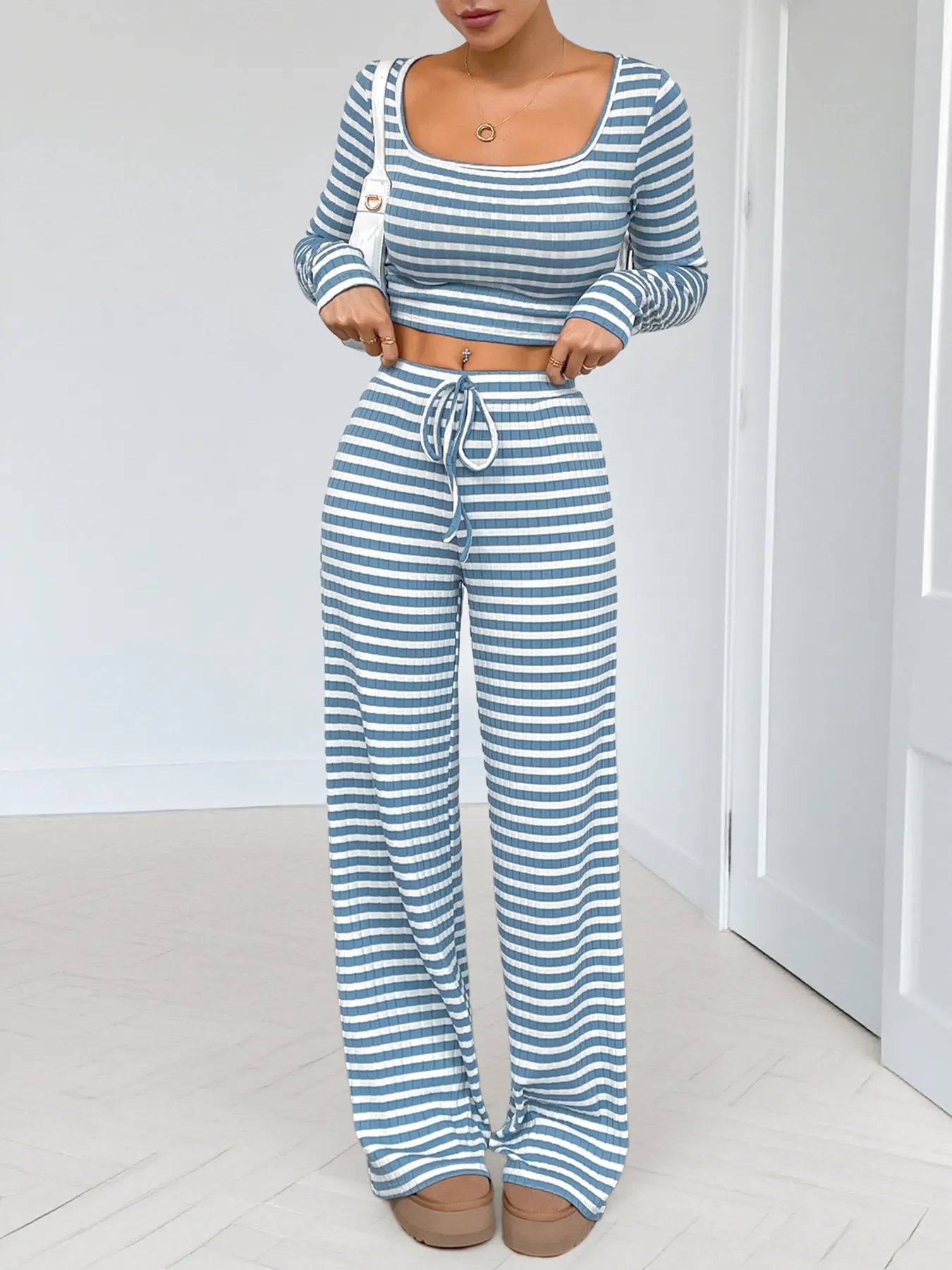 Cozy Striped Lounge Set with Square Neck & Long Sleeve