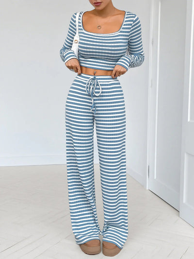 Cozy Striped Lounge Set with Square Neck & Long Sleeve