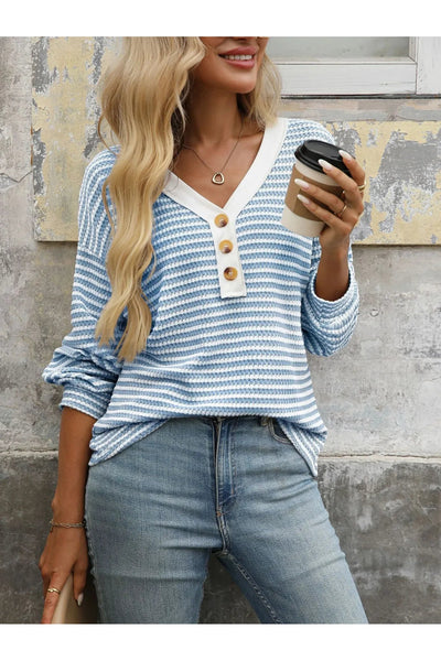 Striped V - Neck Button Front Casual Top - Style Chic Couture