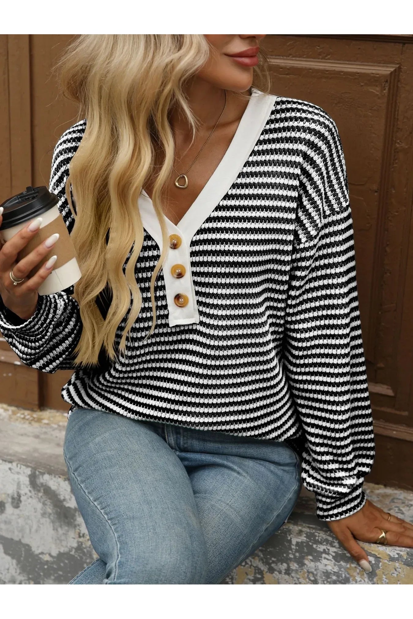 Striped V - Neck Button Front Casual Top - Style Chic Couture