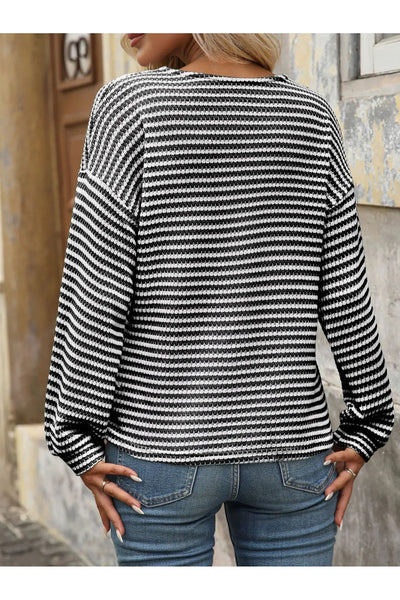 Striped V - Neck Button Front Casual Top - Style Chic Couture