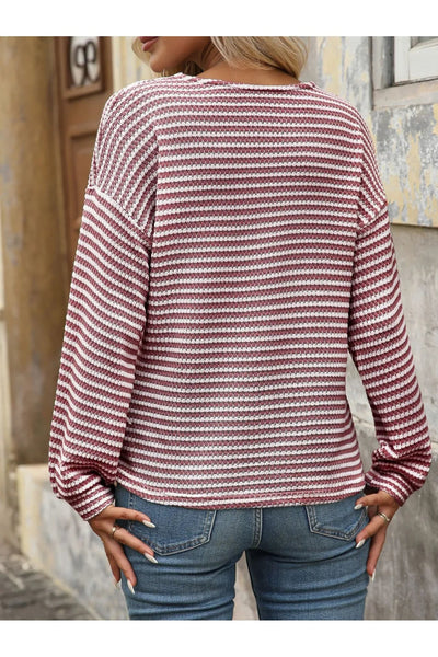 Striped V - Neck Button Front Casual Top - Style Chic Couture