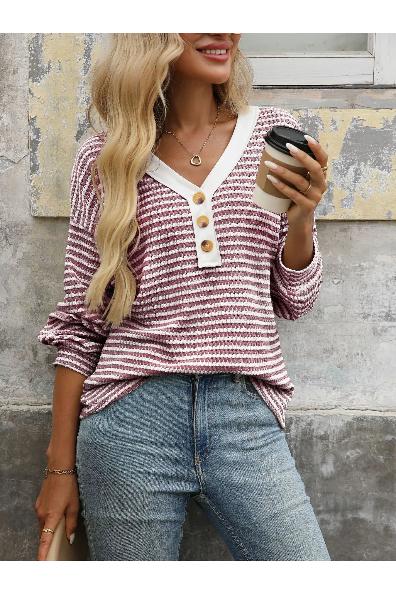 Striped V - Neck Button Front Casual Top - Style Chic Couture
