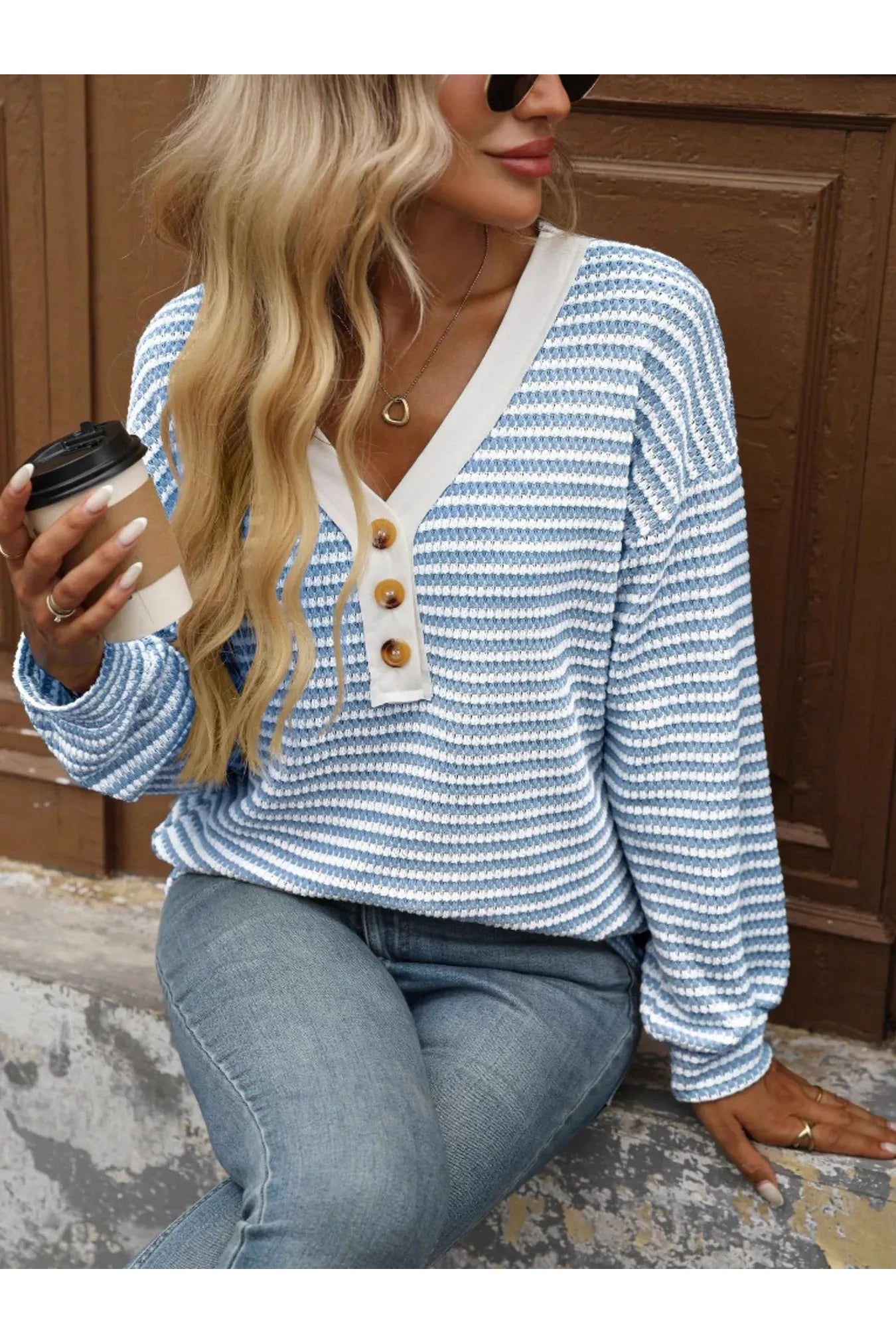 Striped V - Neck Button Front Casual Top - Style Chic Couture