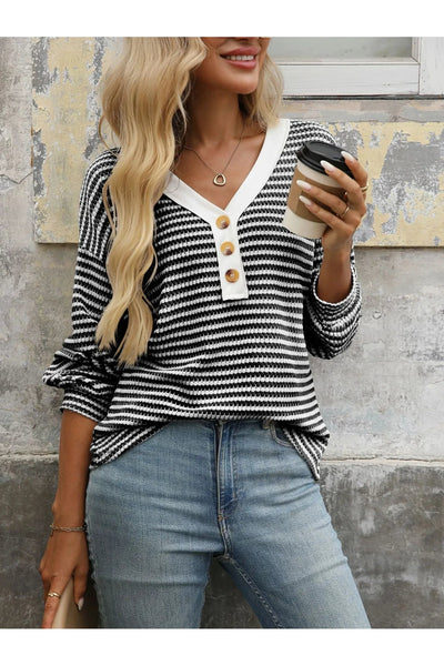 Striped V - Neck Button Front Casual Top - Style Chic Couture