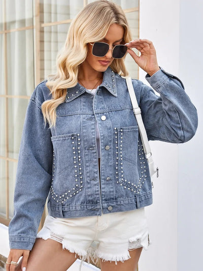 Studded Long Sleeve Denim Jacket - Style Chic Couture