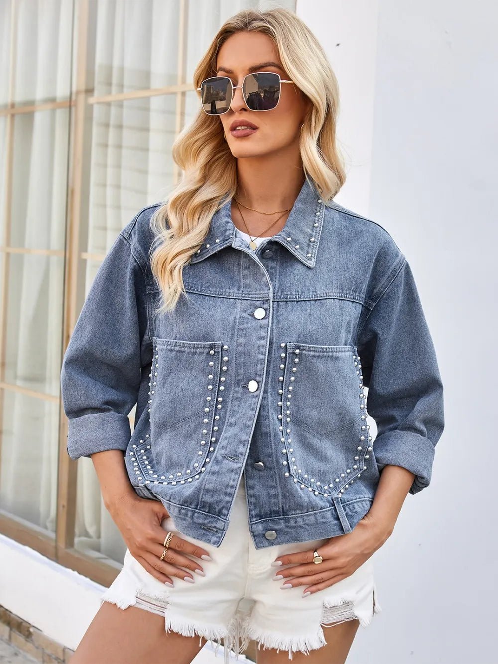 Studded Long Sleeve Denim Jacket - Style Chic Couture