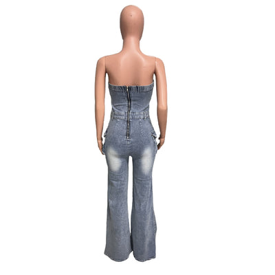 Stylish Feminine Tailored Strapless Stretchy Flare Sleeveless Jean Romper - Style Chic Couture