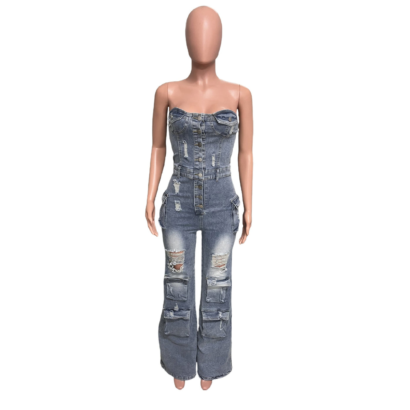 Stylish Feminine Tailored Strapless Stretchy Flare Sleeveless Jean Romper - Style Chic Couture